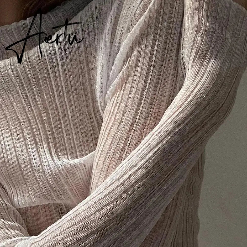 Black Friday Fall Elegant See Through Long Sleeve Mock Neck Women Tops Fashion Streetwear Sexy T-Shirts Tees Slim Clothes Aiertu