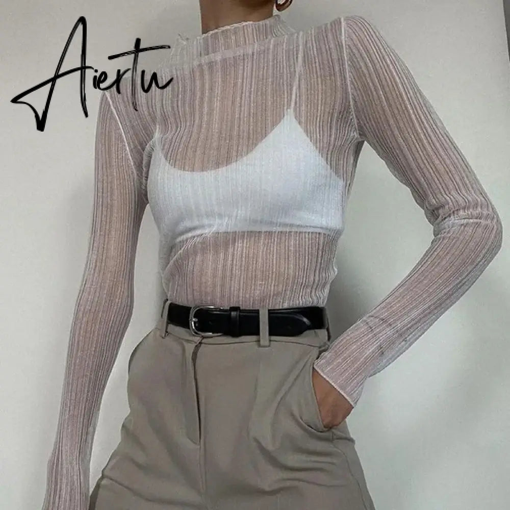 Black Friday Fall Elegant See Through Long Sleeve Mock Neck Women Tops Fashion Streetwear Sexy T-Shirts Tees Slim Clothes Aiertu