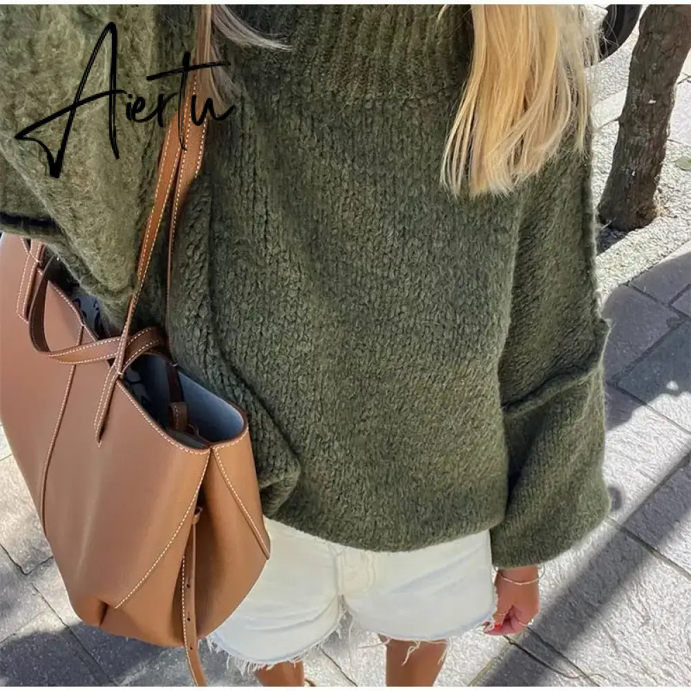 Black Friday Fashion Lantern Long Sleeve Women Loose Sweater Solid Female Half High Collar Chic Knit Pullover  Autumn Streetwear Knitwear Aiertu