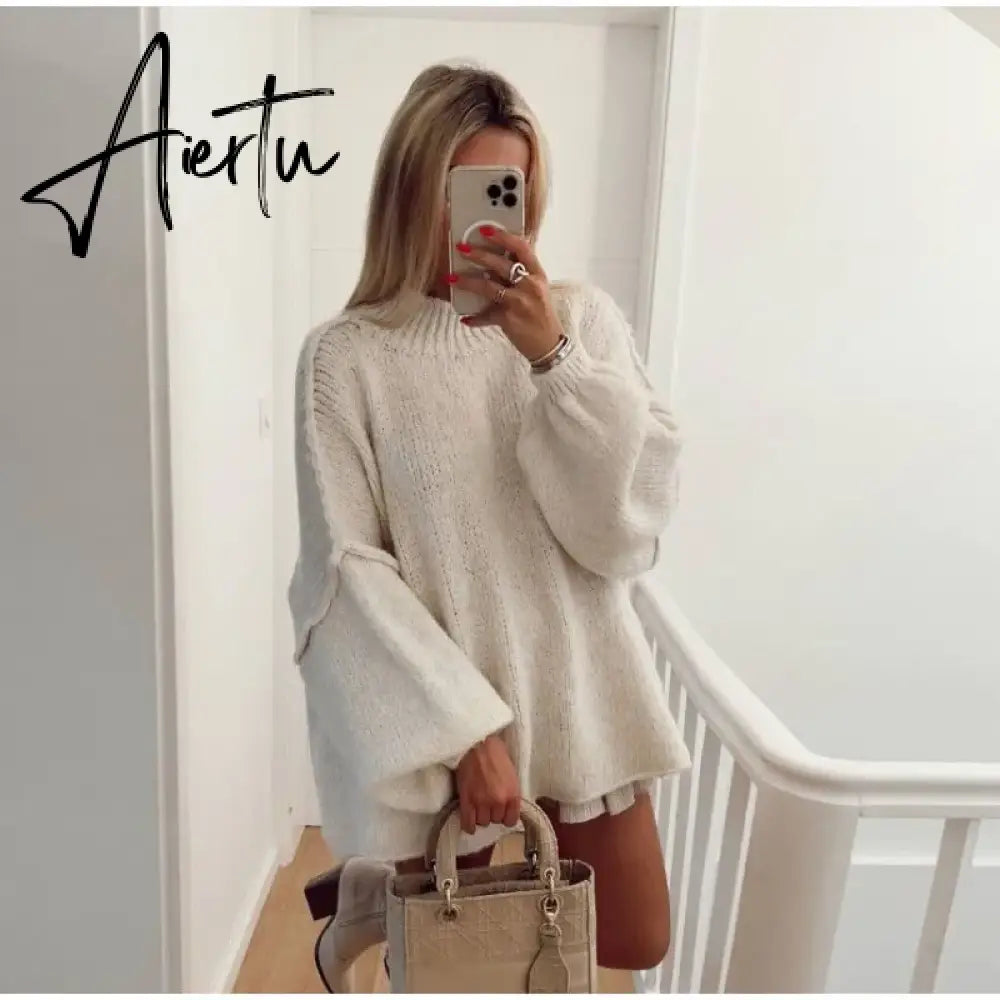 Black Friday Fashion Lantern Long Sleeve Women Loose Sweater Solid Female Half High Collar Chic Knit Pullover  Autumn Streetwear Knitwear Aiertu
