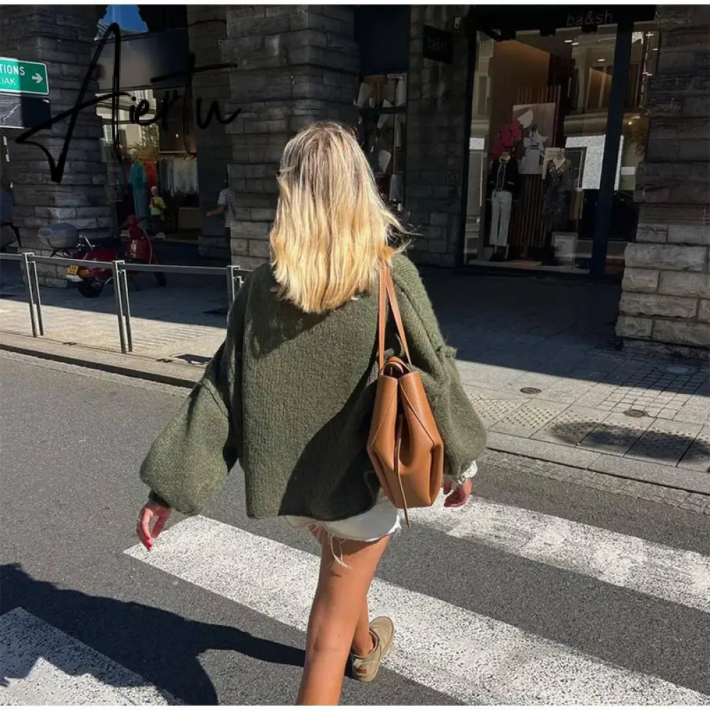 Black Friday Fashion Lantern Long Sleeve Women Loose Sweater Solid Female Half High Collar Chic Knit Pullover  Autumn Streetwear Knitwear Aiertu