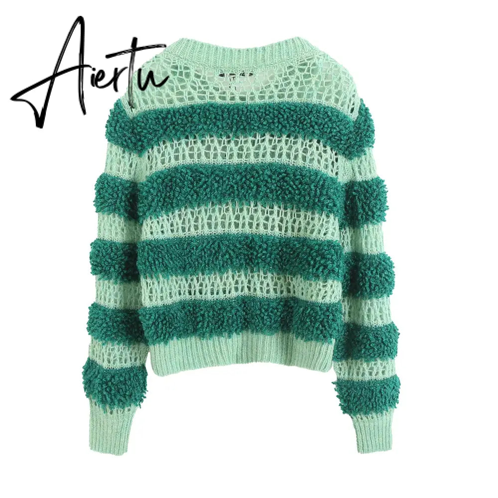 Black Friday Hollow Out Colorful Kint Cardigan Women Sweater Autumn Long Puff Sleeve Patchwork Female Sweaters  Elegant Casual Lady Top Aiertu