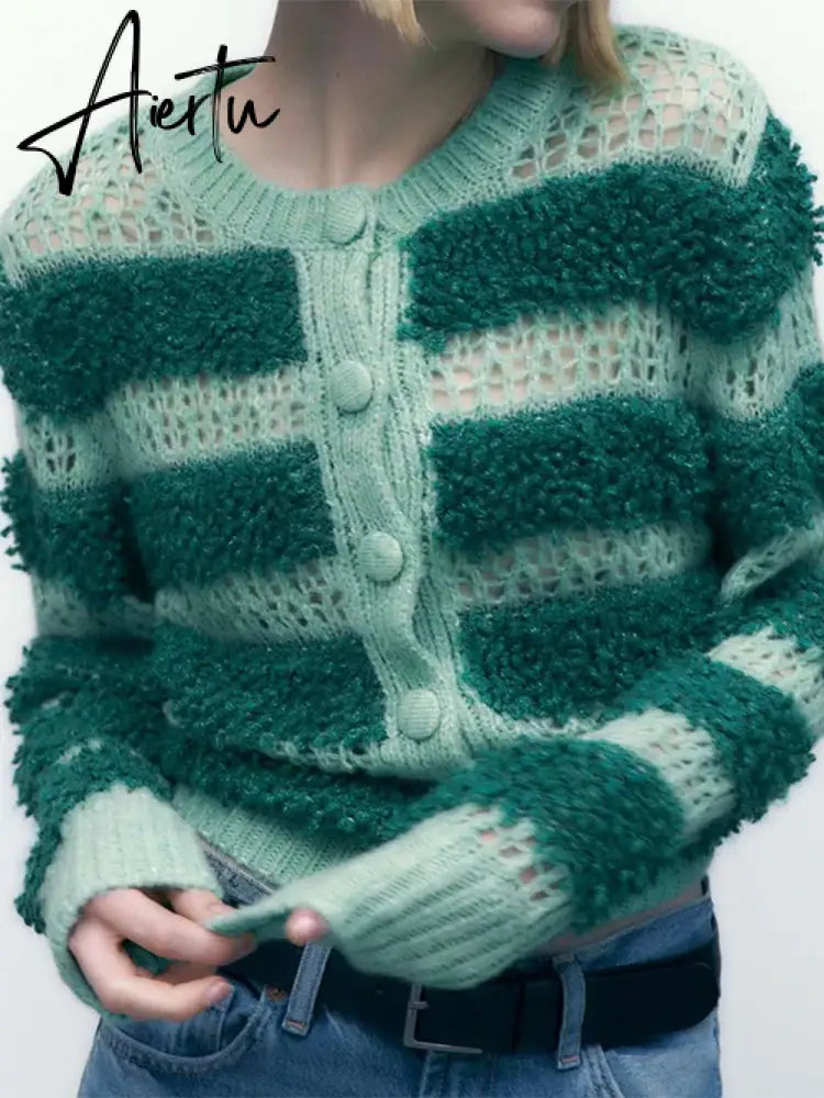 Black Friday Hollow Out Colorful Kint Cardigan Women Sweater Autumn Long Puff Sleeve Patchwork Female Sweaters  Elegant Casual Lady Top Aiertu
