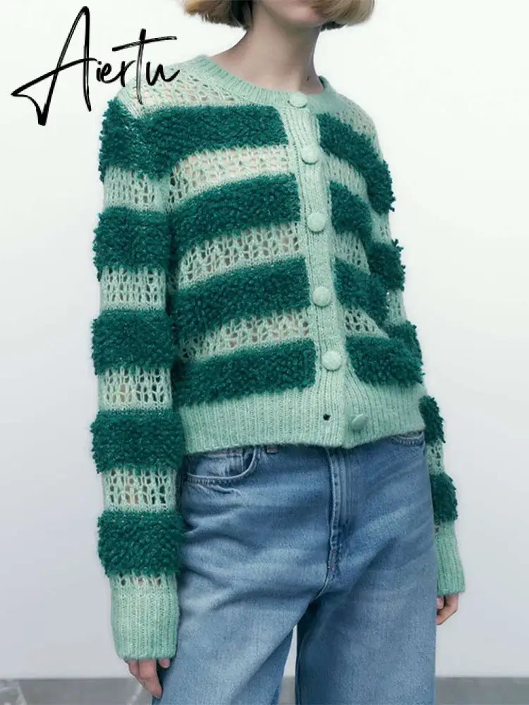Black Friday Hollow Out Colorful Kint Cardigan Women Sweater Autumn Long Puff Sleeve Patchwork Female Sweaters  Elegant Casual Lady Top Aiertu