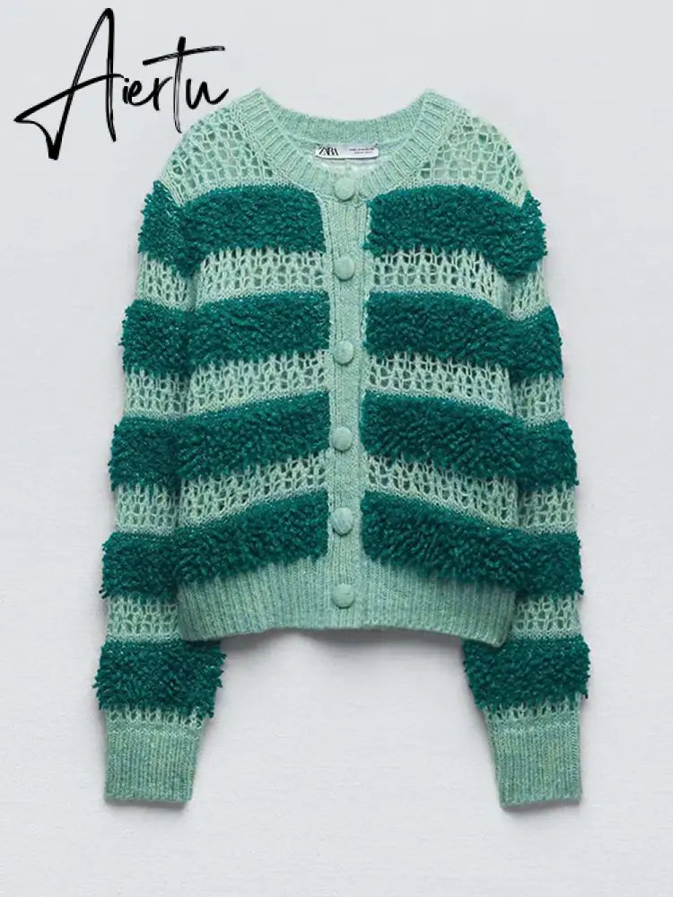 Black Friday Hollow Out Colorful Kint Cardigan Women Sweater Autumn Long Puff Sleeve Patchwork Female Sweaters  Elegant Casual Lady Top Aiertu