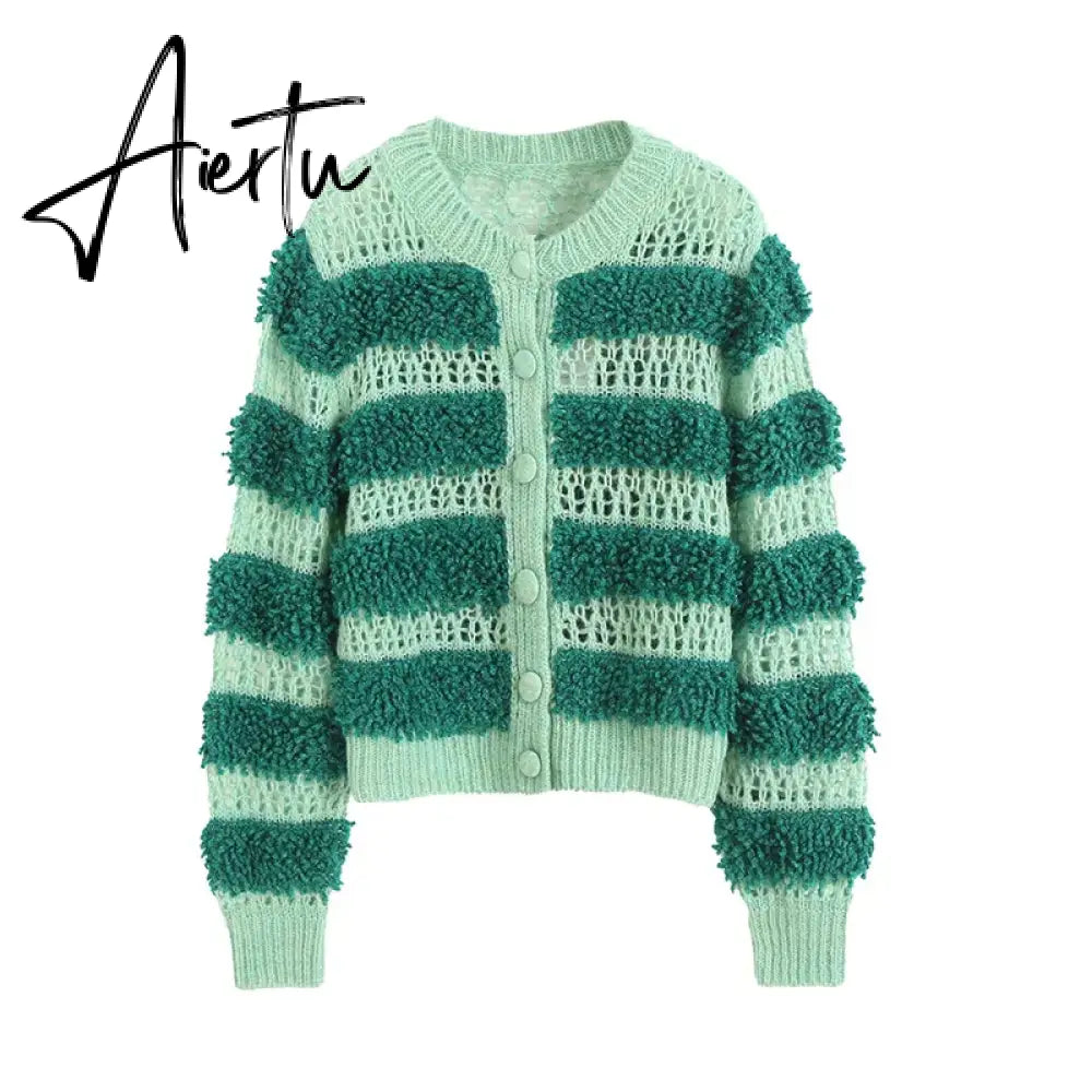 Black Friday Hollow Out Colorful Kint Cardigan Women Sweater Autumn Long Puff Sleeve Patchwork Female Sweaters  Elegant Casual Lady Top Aiertu
