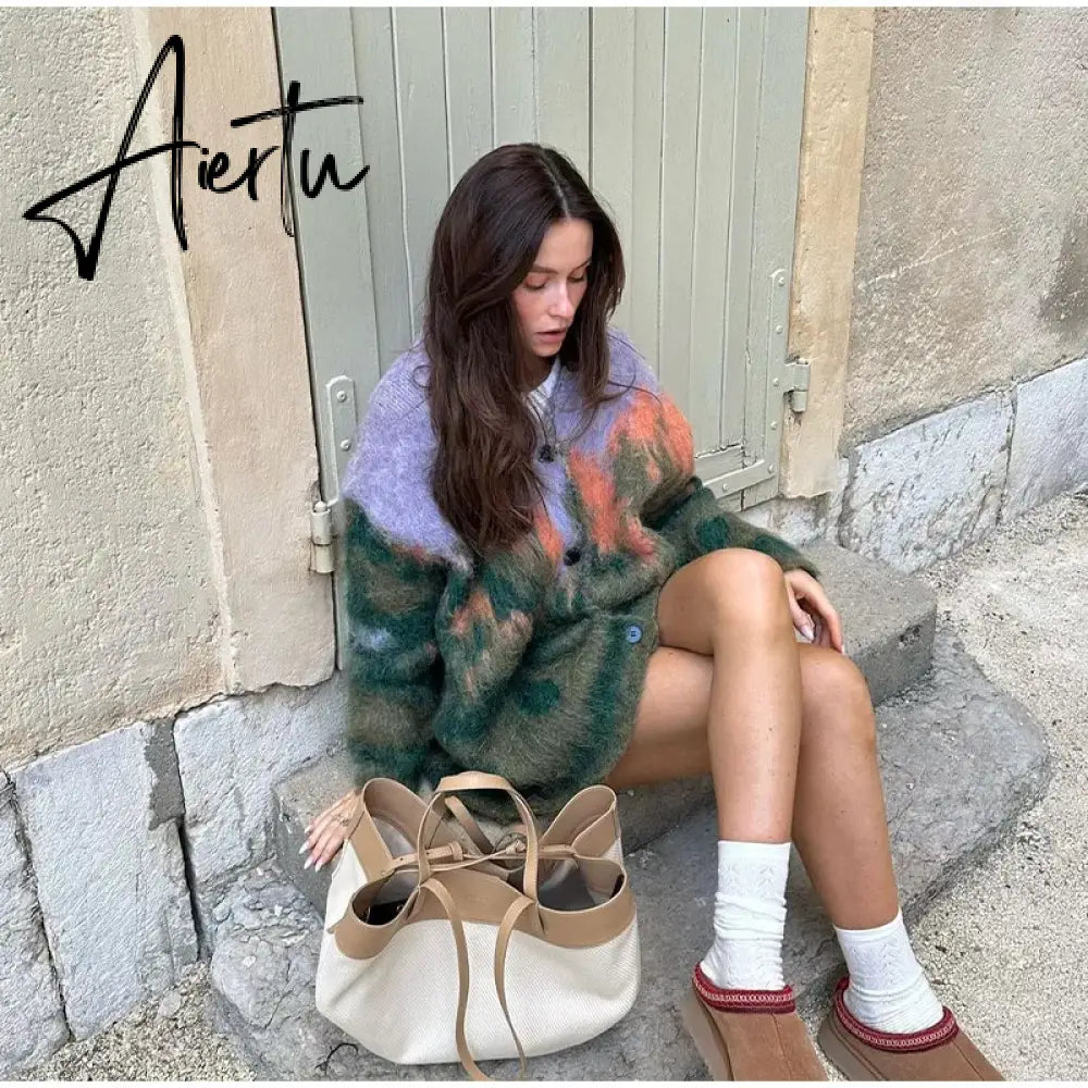 Black Friday Paint Tie Dyed Women's Cardigan Sweater Autumn V-neck Single Breasted Female Sweaters Winter Fashion Lady Outwear Aiertu