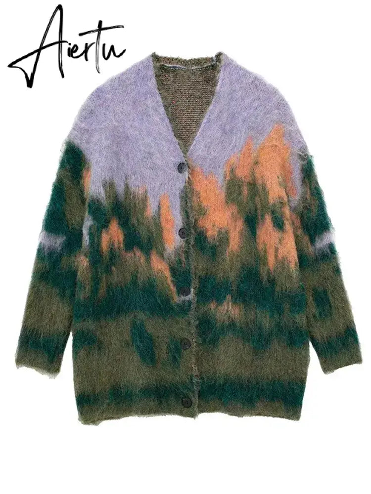 Black Friday Paint Tie Dyed Women's Cardigan Sweater Autumn V-neck Single Breasted Female Sweaters Winter Fashion Lady Outwear Aiertu