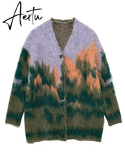 Black Friday Paint Tie Dyed Women's Cardigan Sweater Autumn V-neck Single Breasted Female Sweaters Winter Fashion Lady Outwear Aiertu