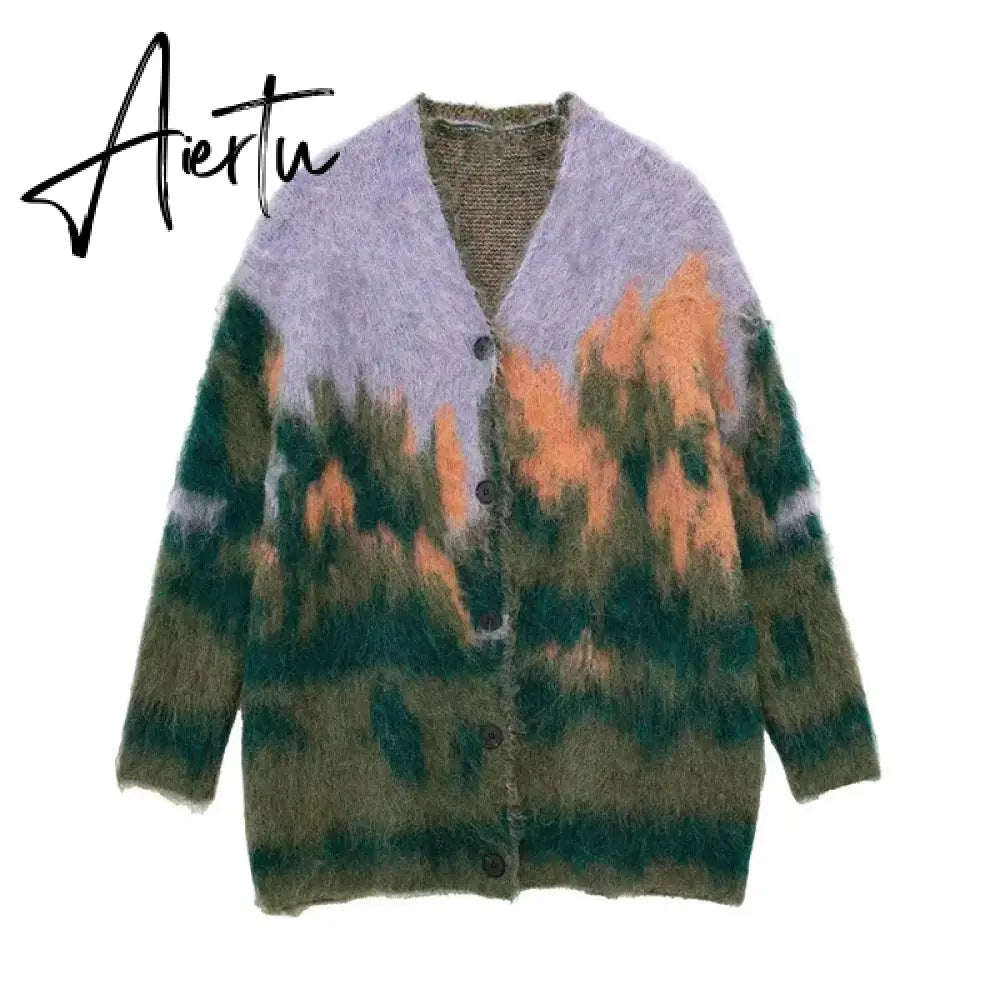 Black Friday Paint Tie Dyed Women's Cardigan Sweater Autumn V-neck Single Breasted Female Sweaters Winter Fashion Lady Outwear Aiertu