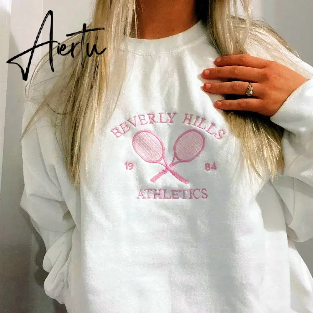 Black Friday Tennis Athletics Letters Embroidered Sweatshirts Women White Loose Spring Pullover Long Sleeve Retro Thin Cotton Casual Jumpers Aiertu