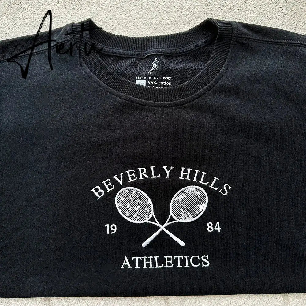 Black Friday Tennis Athletics Letters Embroidered Sweatshirts Women White Loose Spring Pullover Long Sleeve Retro Thin Cotton Casual Jumpers Aiertu