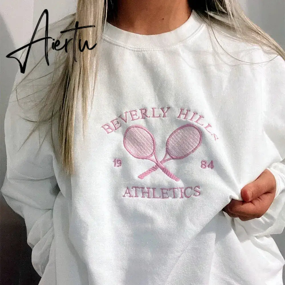 Black Friday Tennis Athletics Letters Embroidered Sweatshirts Women White Loose Spring Pullover Long Sleeve Retro Thin Cotton Casual Jumpers Aiertu