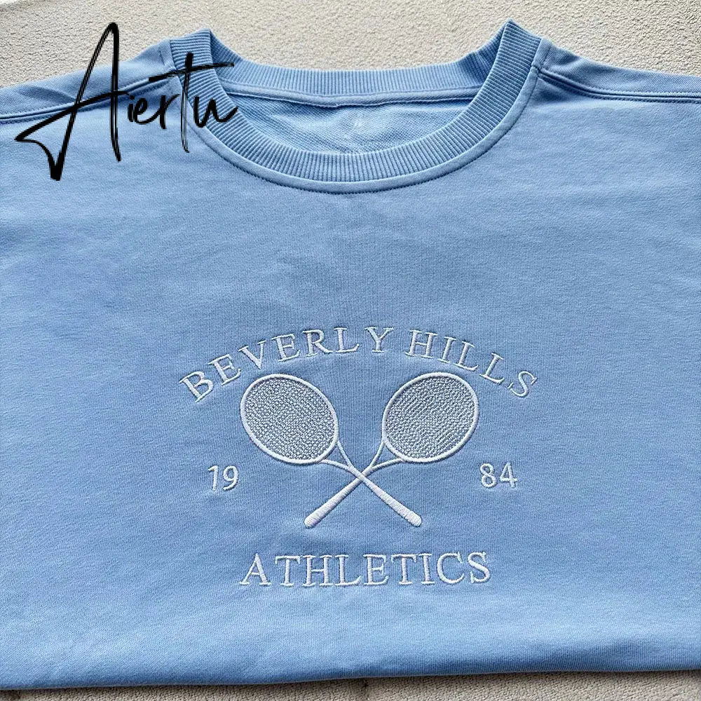 Black Friday Tennis Athletics Letters Embroidered Sweatshirts Women White Loose Spring Pullover Long Sleeve Retro Thin Cotton Casual Jumpers Aiertu