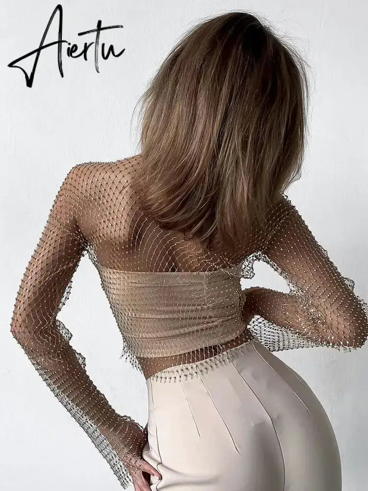 Black Friday Women Sexy Mesh See Through T Shirt Shiny Rhinestone Fishnet Hollow Out Crop Top Long Sleeve Beach Cover Up Party Club Tank Tops Aiertu