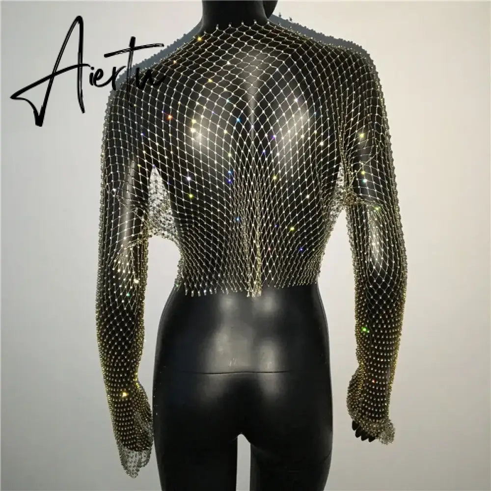 Black Friday Women Sexy Mesh See Through T Shirt Shiny Rhinestone Fishnet Hollow Out Crop Top Long Sleeve Beach Cover Up Party Club Tank Tops Aiertu