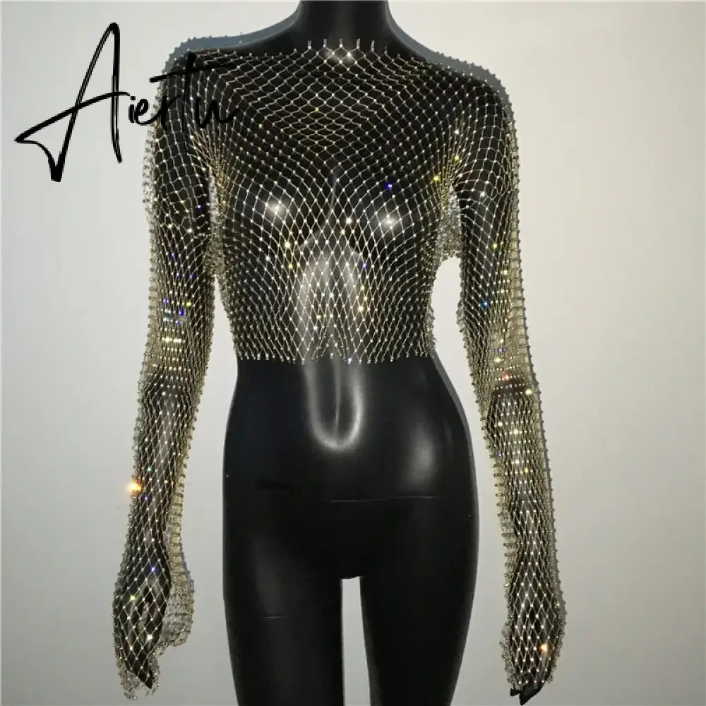 Black Friday Women Sexy Mesh See Through T Shirt Shiny Rhinestone Fishnet Hollow Out Crop Top Long Sleeve Beach Cover Up Party Club Tank Tops Aiertu