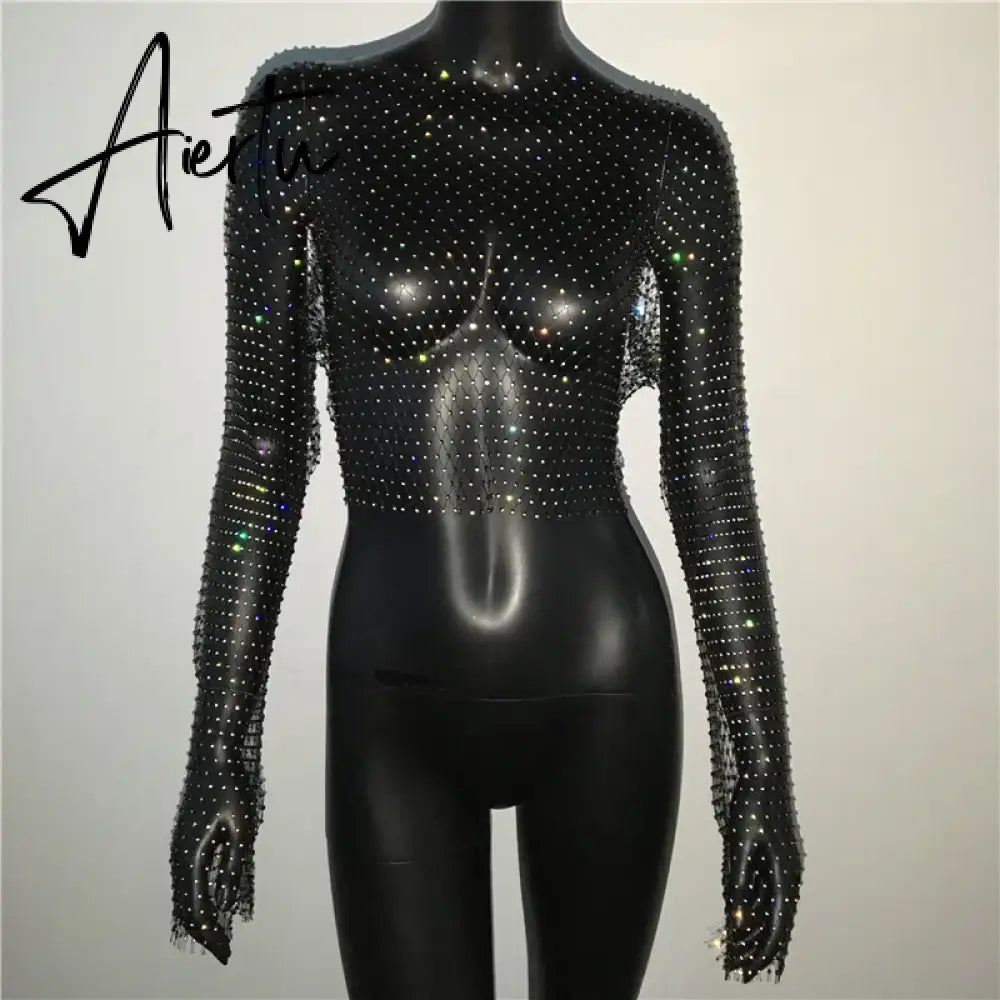Black Friday Women Sexy Mesh See Through T Shirt Shiny Rhinestone Fishnet Hollow Out Crop Top Long Sleeve Beach Cover Up Party Club Tank Tops Aiertu