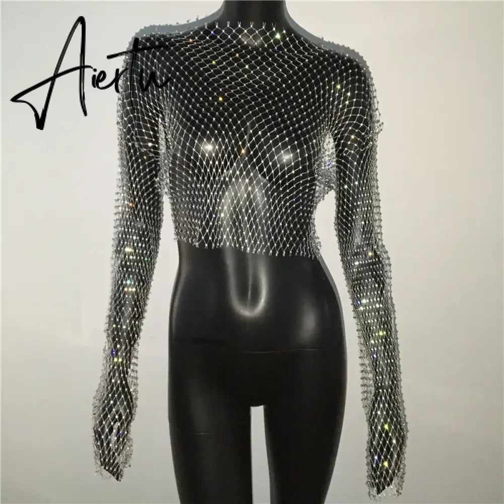 Black Friday Women Sexy Mesh See Through T Shirt Shiny Rhinestone Fishnet Hollow Out Crop Top Long Sleeve Beach Cover Up Party Club Tank Tops Aiertu
