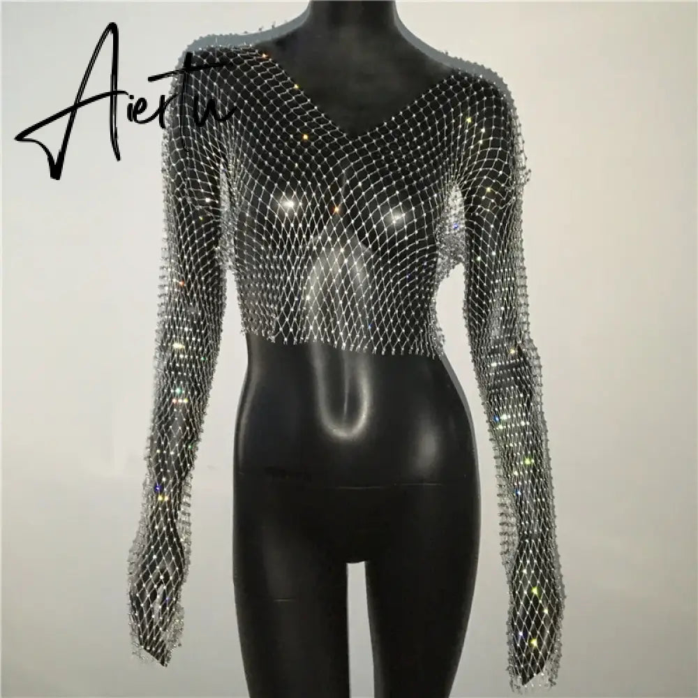 Black Friday Women Sexy Mesh See Through T Shirt Shiny Rhinestone Fishnet Hollow Out Crop Top Long Sleeve Beach Cover Up Party Club Tank Tops Aiertu