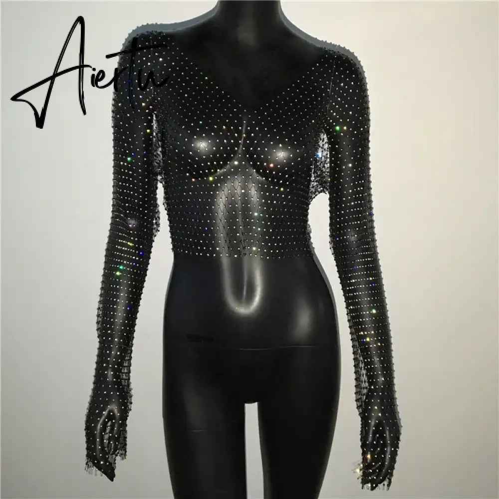 Black Friday Women Sexy Mesh See Through T Shirt Shiny Rhinestone Fishnet Hollow Out Crop Top Long Sleeve Beach Cover Up Party Club Tank Tops Aiertu