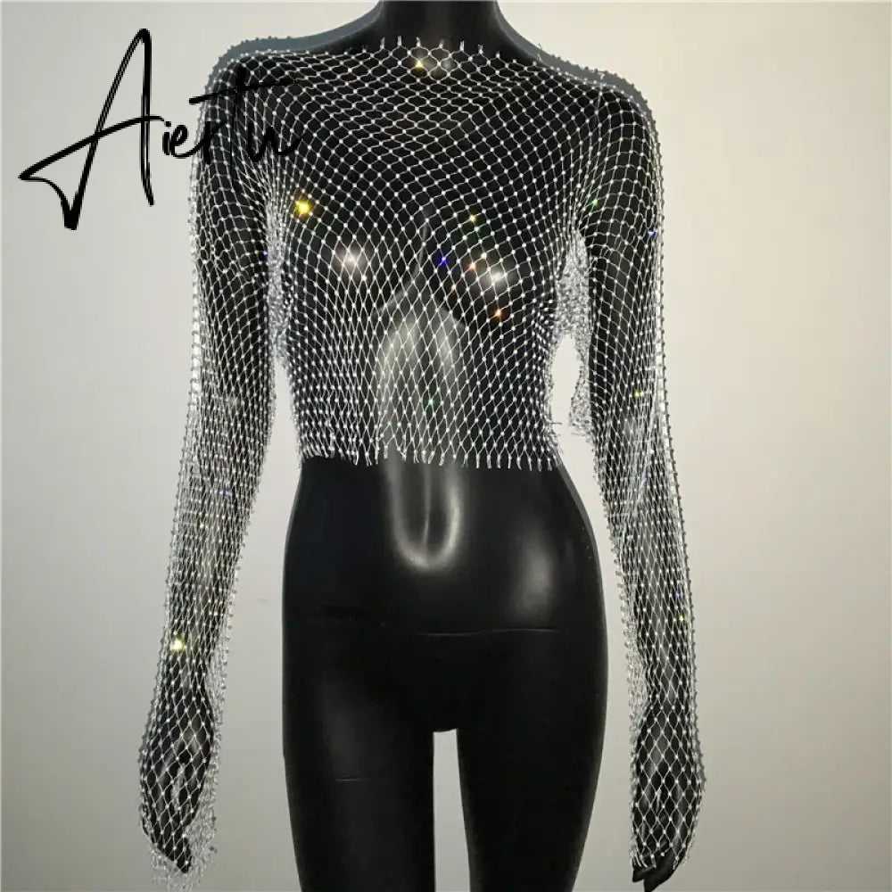 Black Friday Women Sexy Mesh See Through T Shirt Shiny Rhinestone Fishnet Hollow Out Crop Top Long Sleeve Beach Cover Up Party Club Tank Tops Aiertu