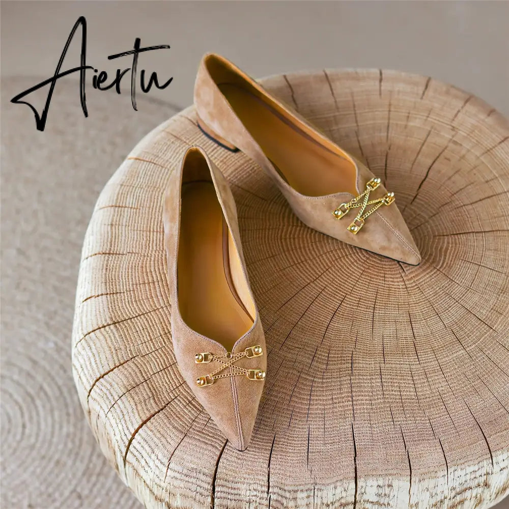 Black Loafer Shoes Women Spring Suede Sheepskin Low Heel Luxury Pumps for Ladies Metal Decoration Pointed Toe Handmade 42 Aiertu