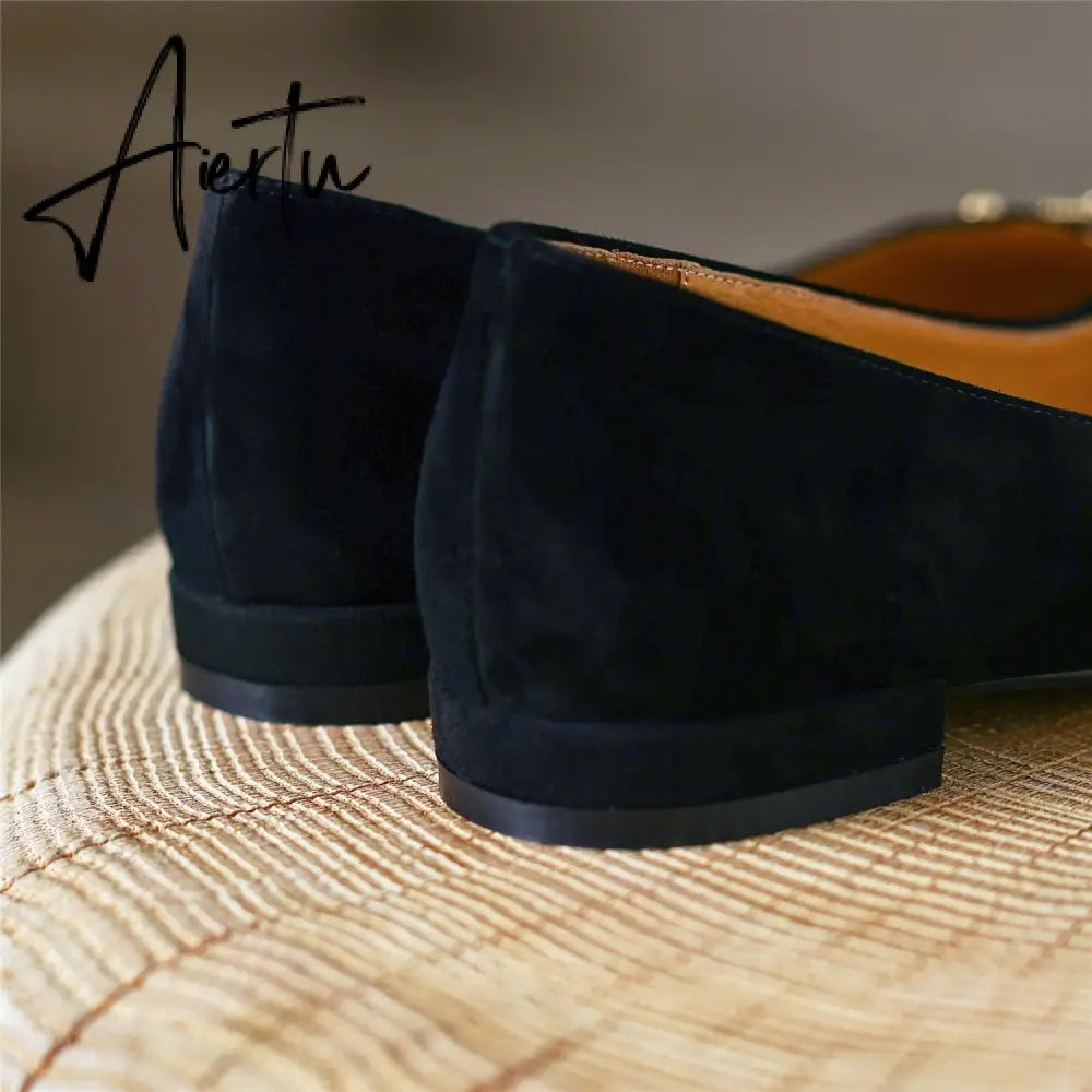 Black Loafer Shoes Women Spring Suede Sheepskin Low Heel Luxury Pumps for Ladies Metal Decoration Pointed Toe Handmade 42 Aiertu