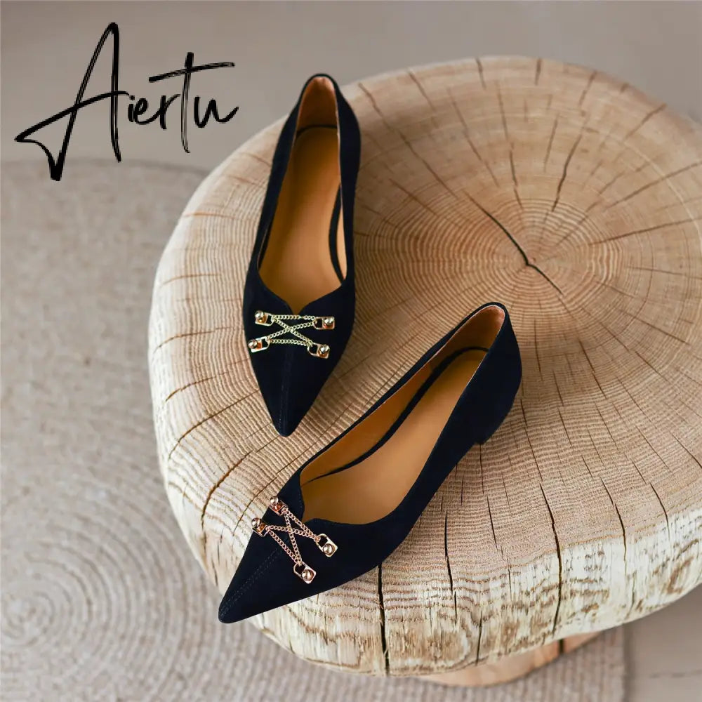 Black Loafer Shoes Women Spring Suede Sheepskin Low Heel Luxury Pumps for Ladies Metal Decoration Pointed Toe Handmade 42 Aiertu