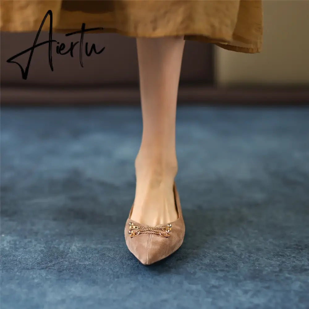 Black Loafer Shoes Women Spring Suede Sheepskin Low Heel Luxury Pumps for Ladies Metal Decoration Pointed Toe Handmade 42 Aiertu
