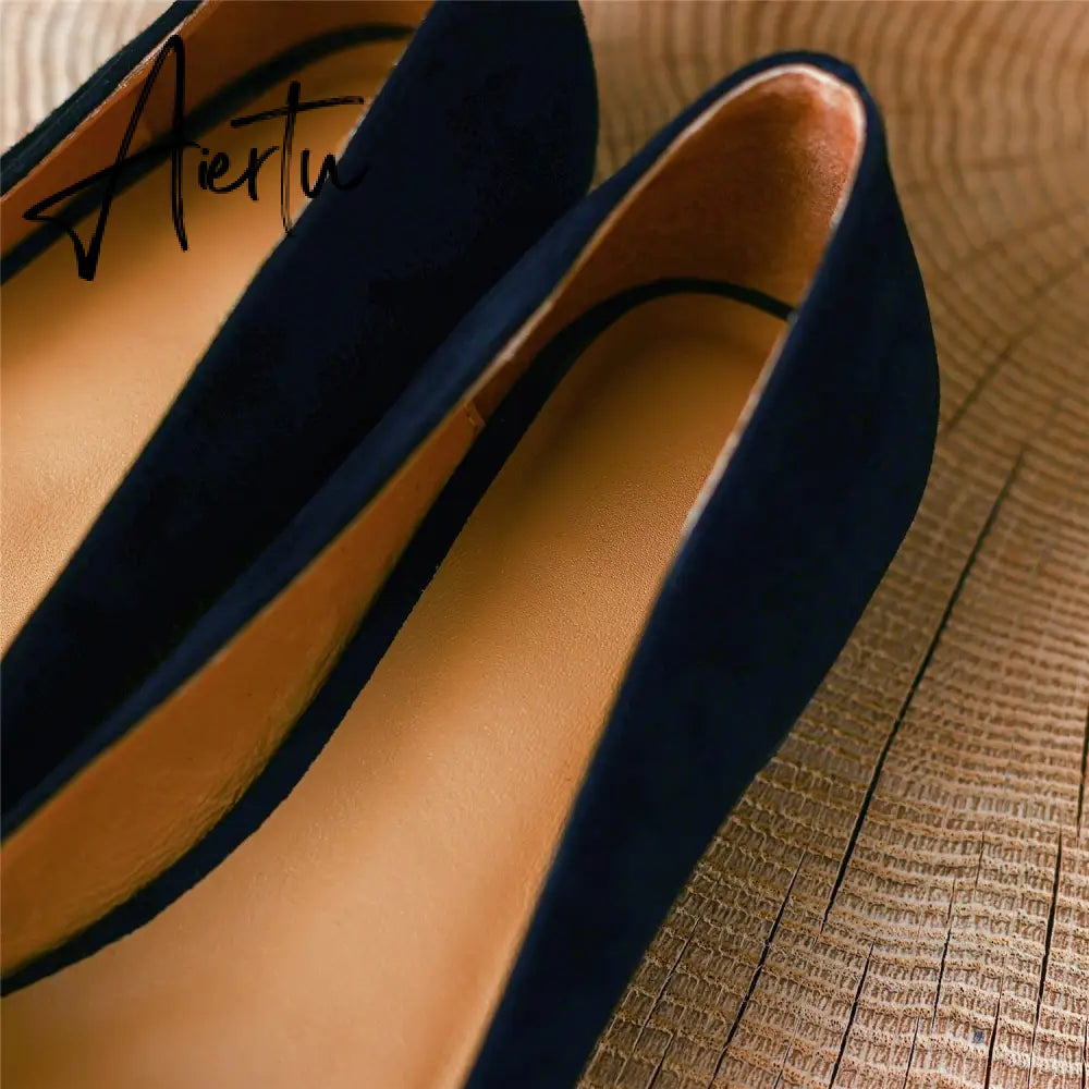 Black Loafer Shoes Women Spring Suede Sheepskin Low Heel Luxury Pumps for Ladies Metal Decoration Pointed Toe Handmade 42 Aiertu