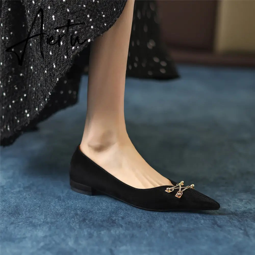 Black Loafer Shoes Women Spring Suede Sheepskin Low Heel Luxury Pumps for Ladies Metal Decoration Pointed Toe Handmade 42 Aiertu