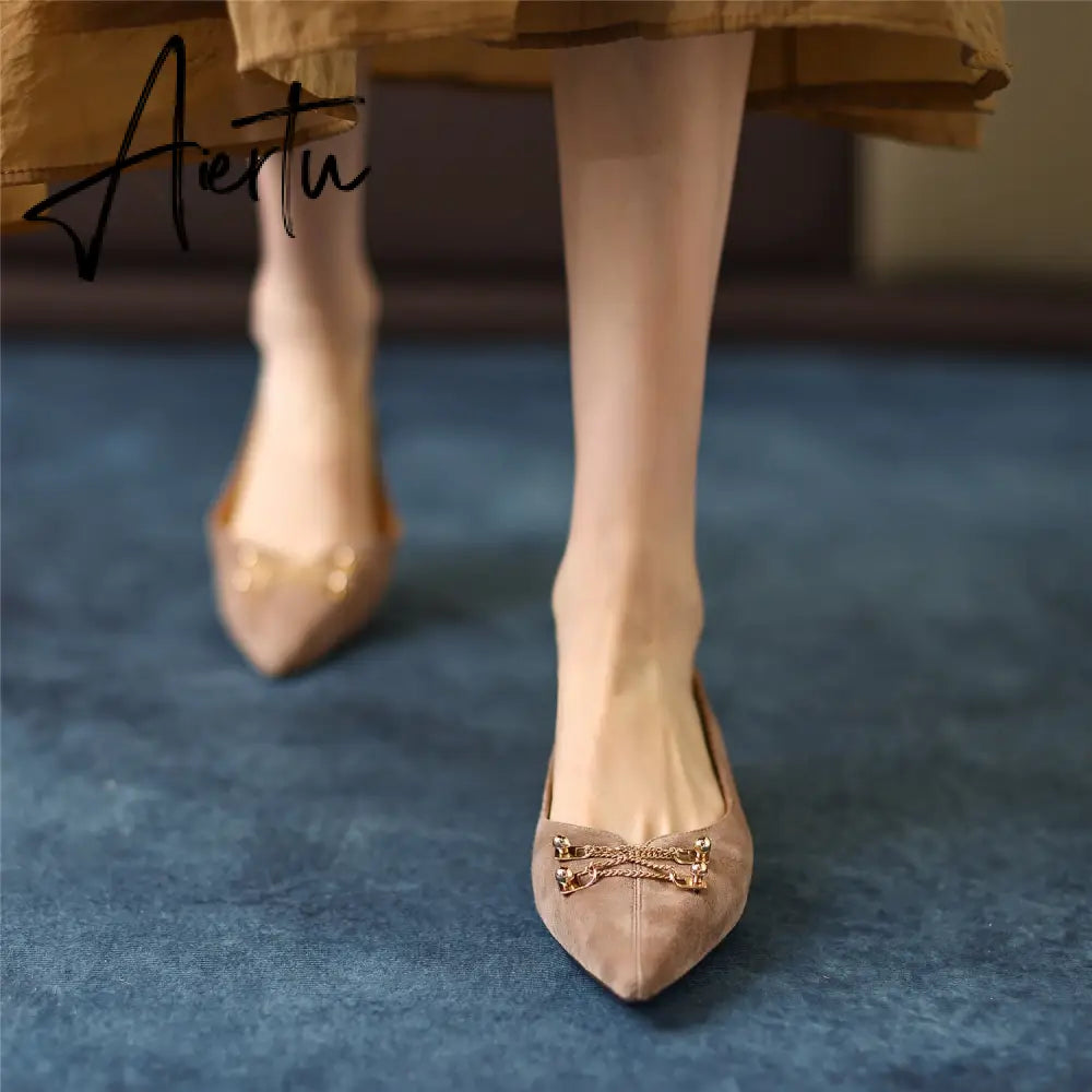 Black Loafer Shoes Women Spring Suede Sheepskin Low Heel Luxury Pumps for Ladies Metal Decoration Pointed Toe Handmade 42 Aiertu