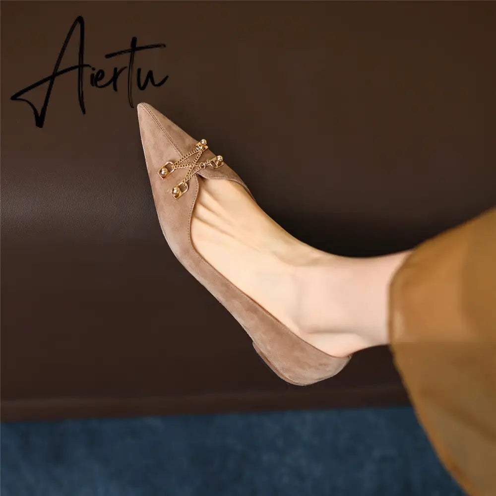 Black Loafer Shoes Women Spring Suede Sheepskin Low Heel Luxury Pumps for Ladies Metal Decoration Pointed Toe Handmade 42 Aiertu