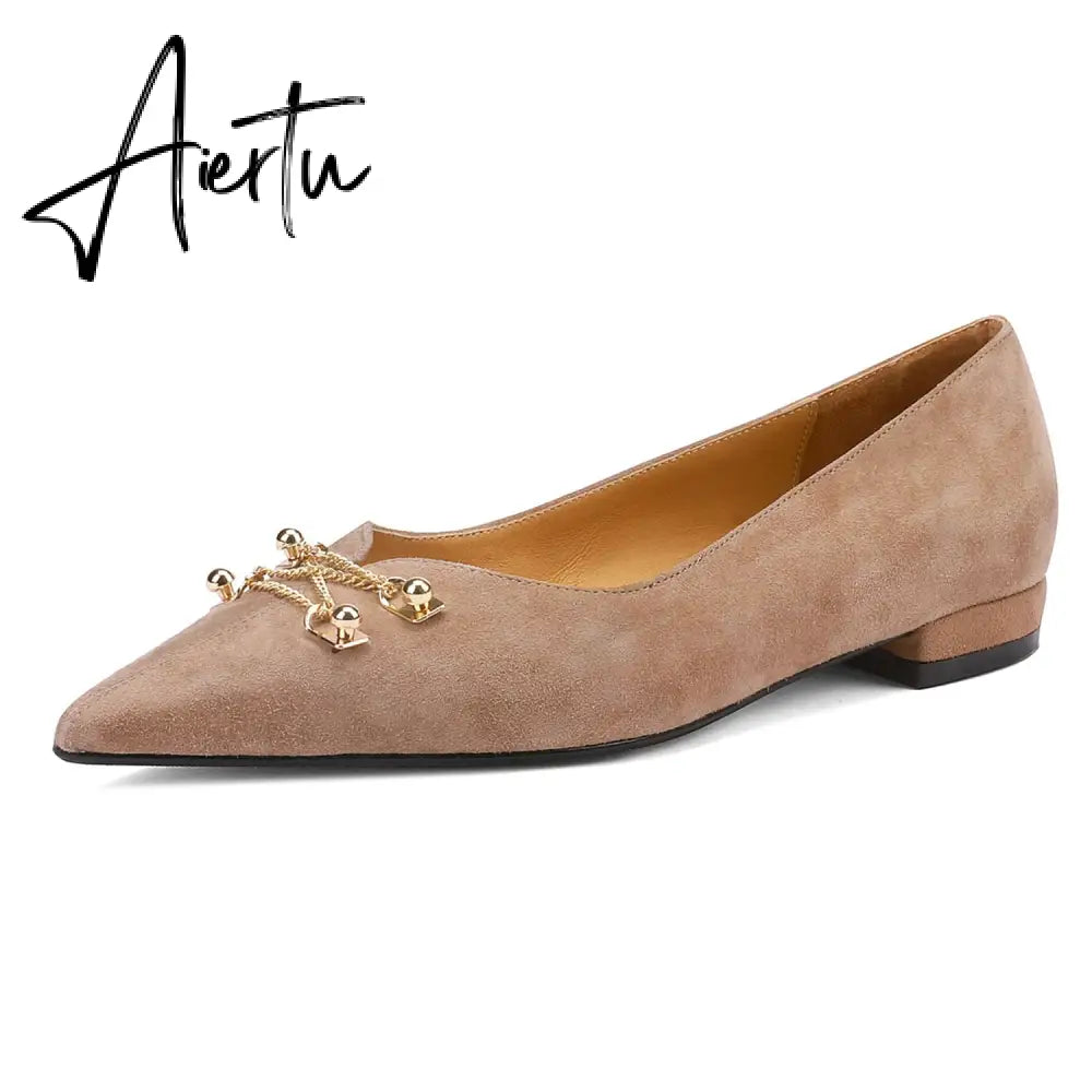 Black Loafer Shoes Women Spring Suede Sheepskin Low Heel Luxury Pumps for Ladies Metal Decoration Pointed Toe Handmade 42 Aiertu