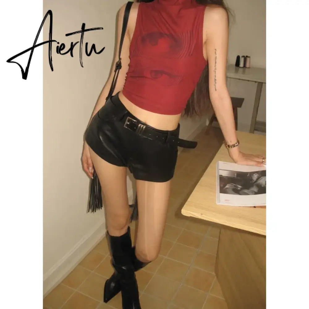 Black Shorts T Shirt For Women Red Personalized Summer Fashion Y2K Style NEW Female Clothing Versatile Short Solid Tops Aiertu