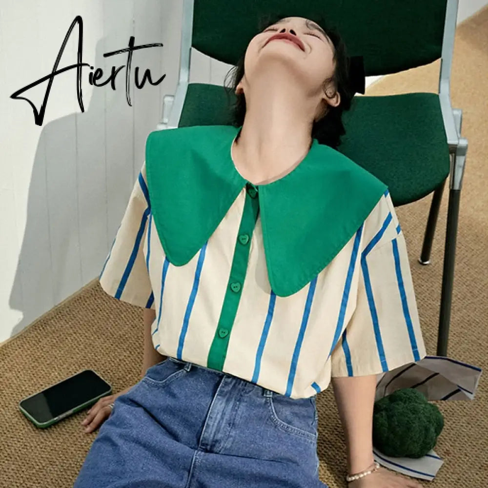 Blouse Women Shirts Summer Korean Fashion Stripes Short Sleeve Button Up Shirt Peter Pan Collar Patchwork Loose Sweet Top Aiertu