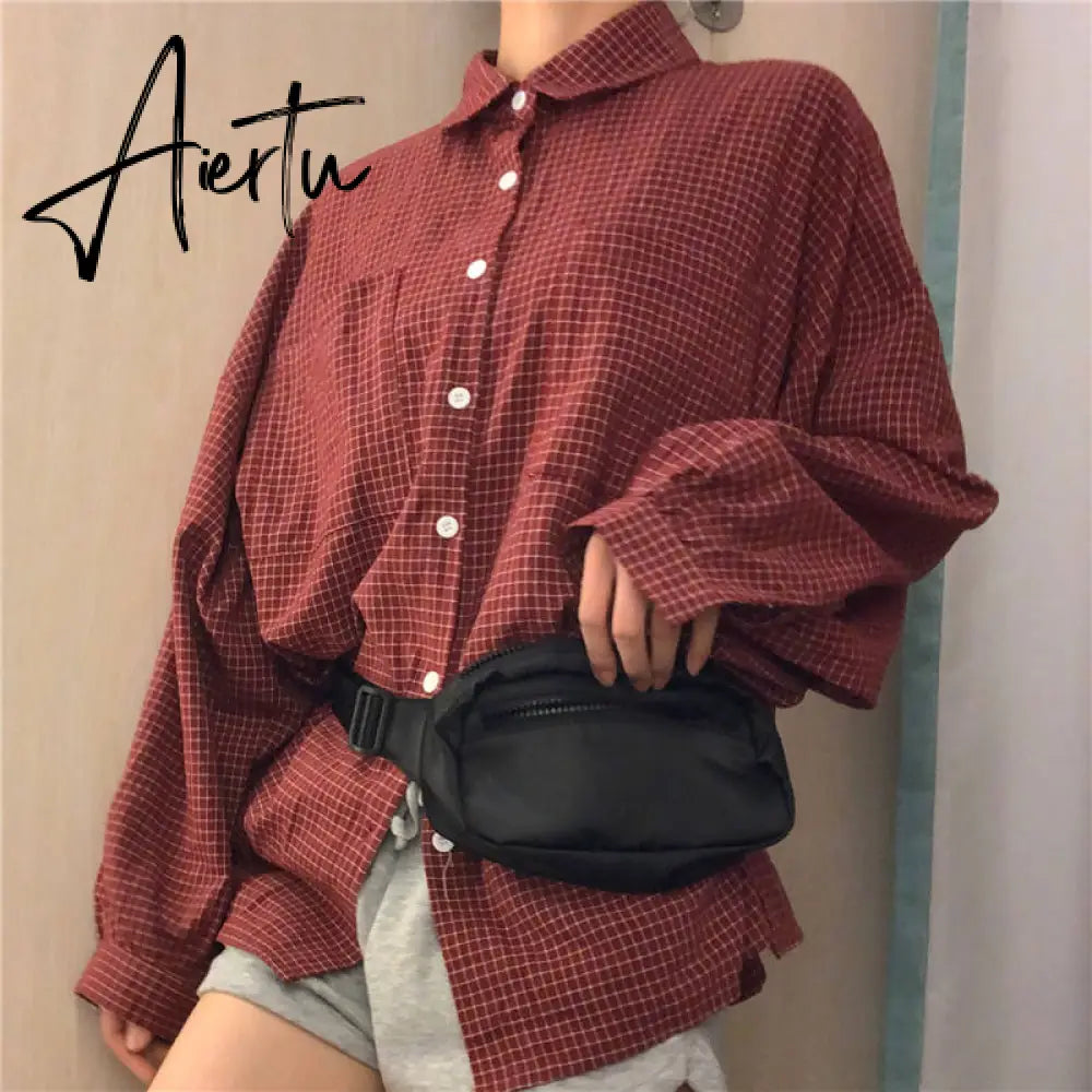 Blouse Women Shirts Turn-down Collar Long Sleeve Plaid Outwear Pocket White Korean Style Students Ulzzang Leisure All-match Chic Aiertu
