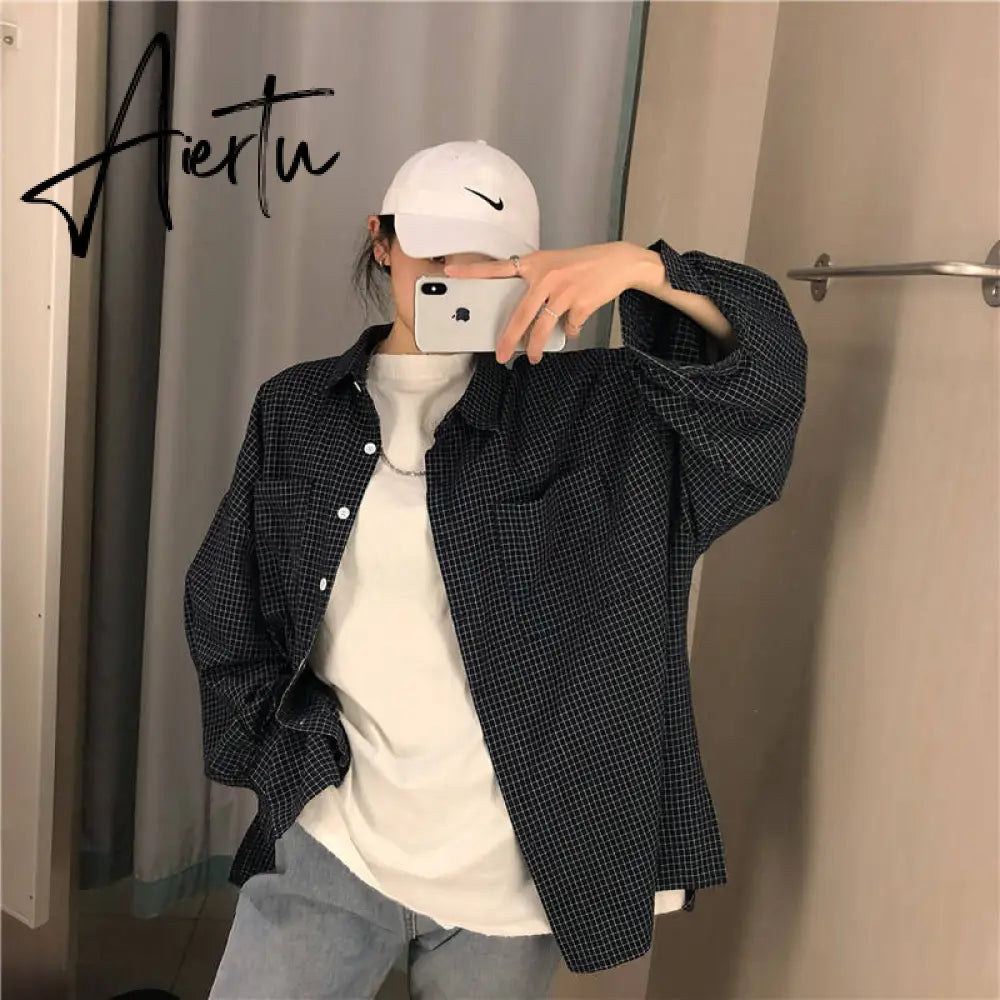 Blouse Women Shirts Turn-down Collar Long Sleeve Plaid Outwear Pocket White Korean Style Students Ulzzang Leisure All-match Chic Aiertu