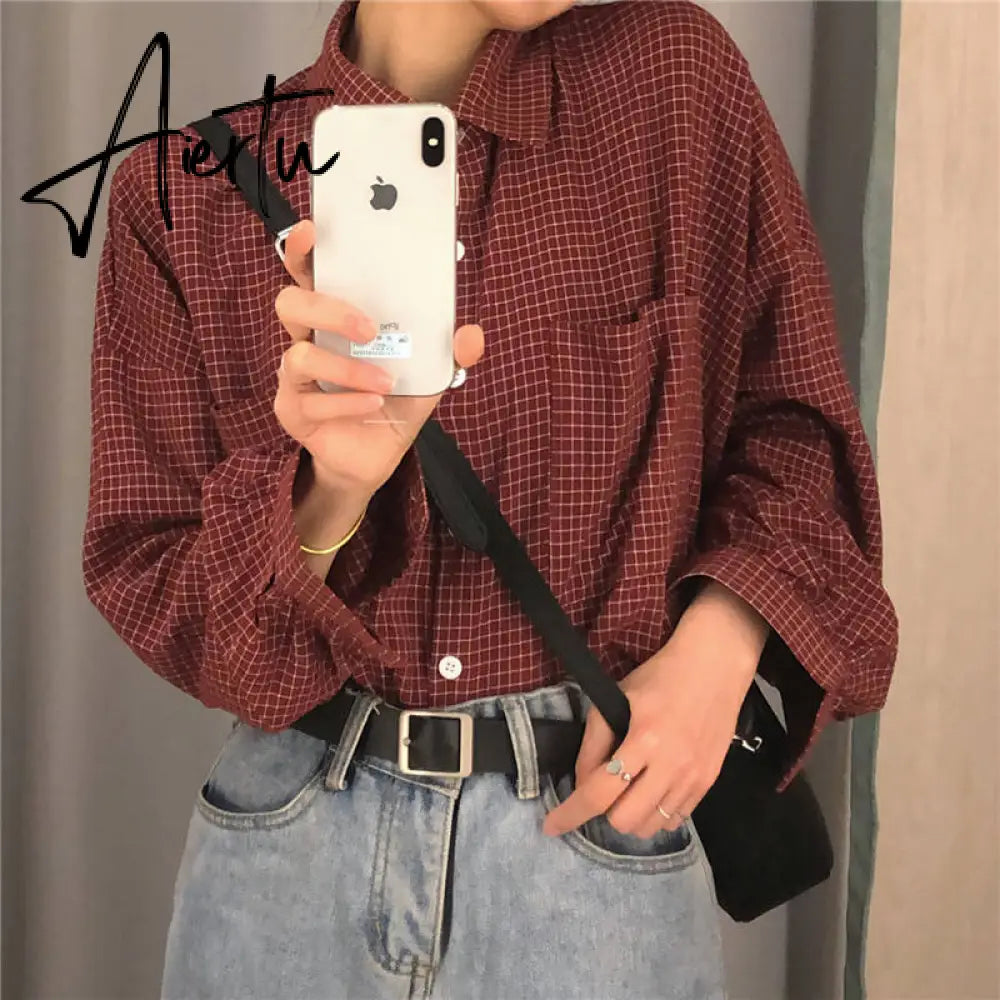 Blouse Women Shirts Turn-down Collar Long Sleeve Plaid Outwear Pocket White Korean Style Students Ulzzang Leisure All-match Chic Aiertu