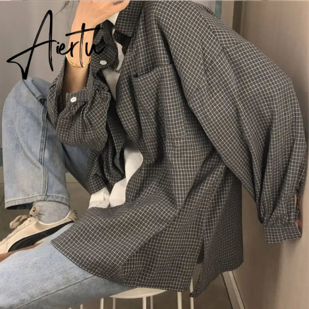 Blouse Women Shirts Turn-down Collar Long Sleeve Plaid Outwear Pocket White Korean Style Students Ulzzang Leisure All-match Chic Aiertu