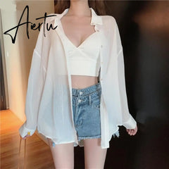 Blouses Women Summer Shirts Thin Loose See-through Sunscreen Pure Long Sleeve Sexy Womens Chiffon Korean Female New Fashion Tops Aiertu