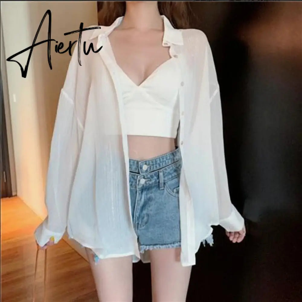 Blouses Women Summer Shirts Thin Loose See-through Sunscreen Pure Long Sleeve Sexy Womens Chiffon Korean Female New Fashion Tops Aiertu