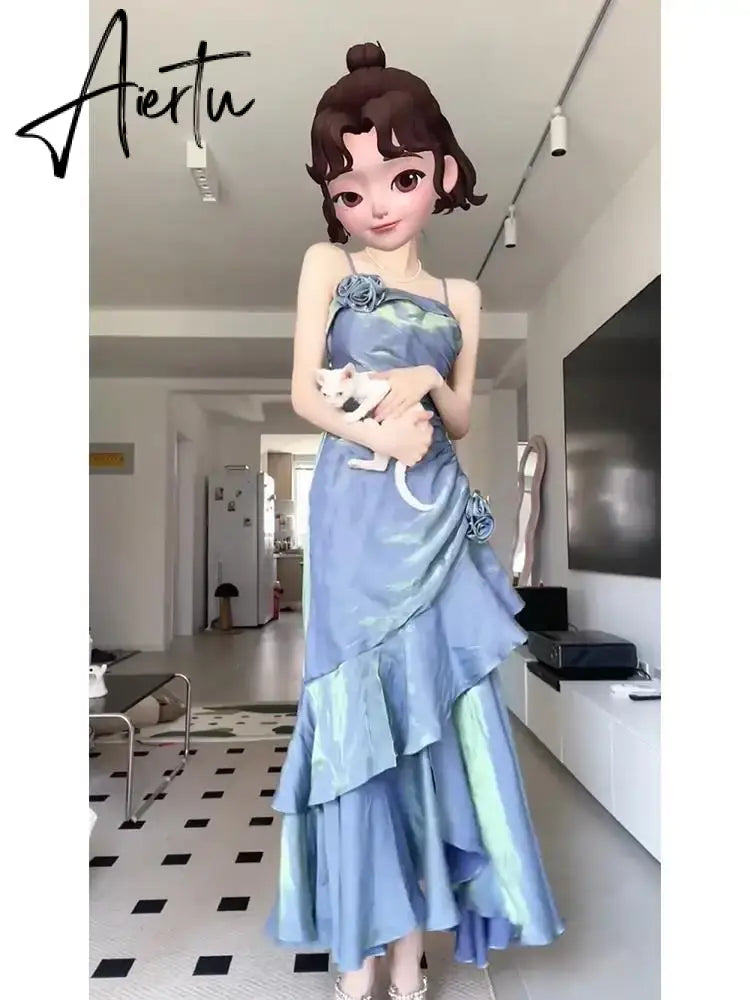 Blue Flower Evening Dress New French Fairy Sweet Slim Mermaid Strap Summer Birthday Party Spaghetti Strap Dresses Aiertu