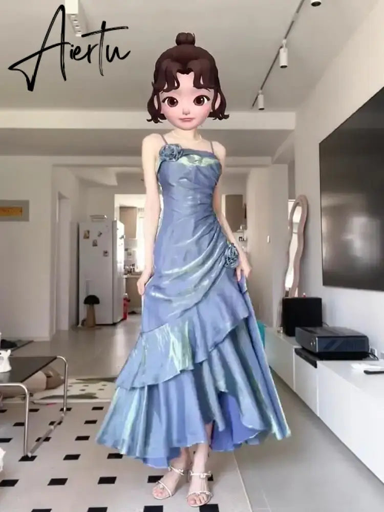 Blue Flower Evening Dress New French Fairy Sweet Slim Mermaid Strap Summer Birthday Party Spaghetti Strap Dresses Aiertu