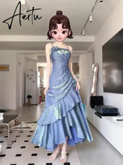 Blue Flower Evening Dress New French Fairy Sweet Slim Mermaid Strap Summer Birthday Party Spaghetti Strap Dresses Aiertu