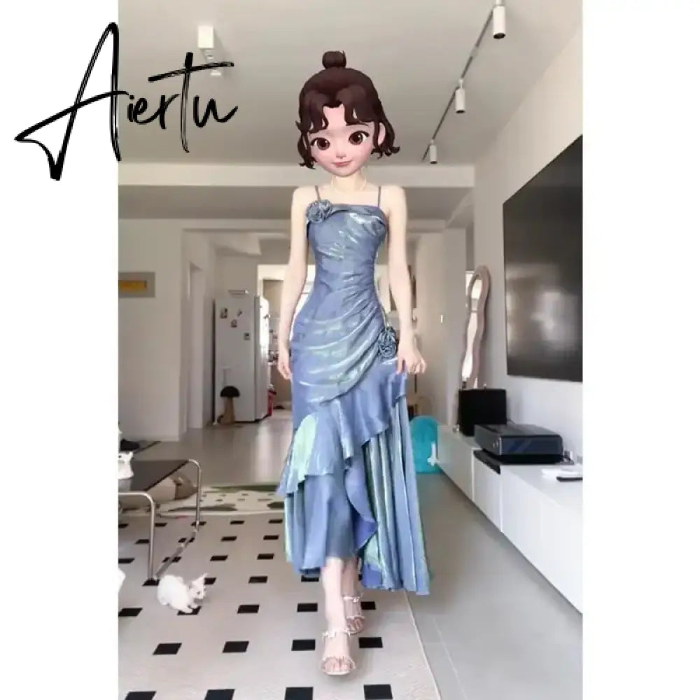 Blue Flower Evening Dress New French Fairy Sweet Slim Mermaid Strap Summer Birthday Party Spaghetti Strap Dresses Aiertu