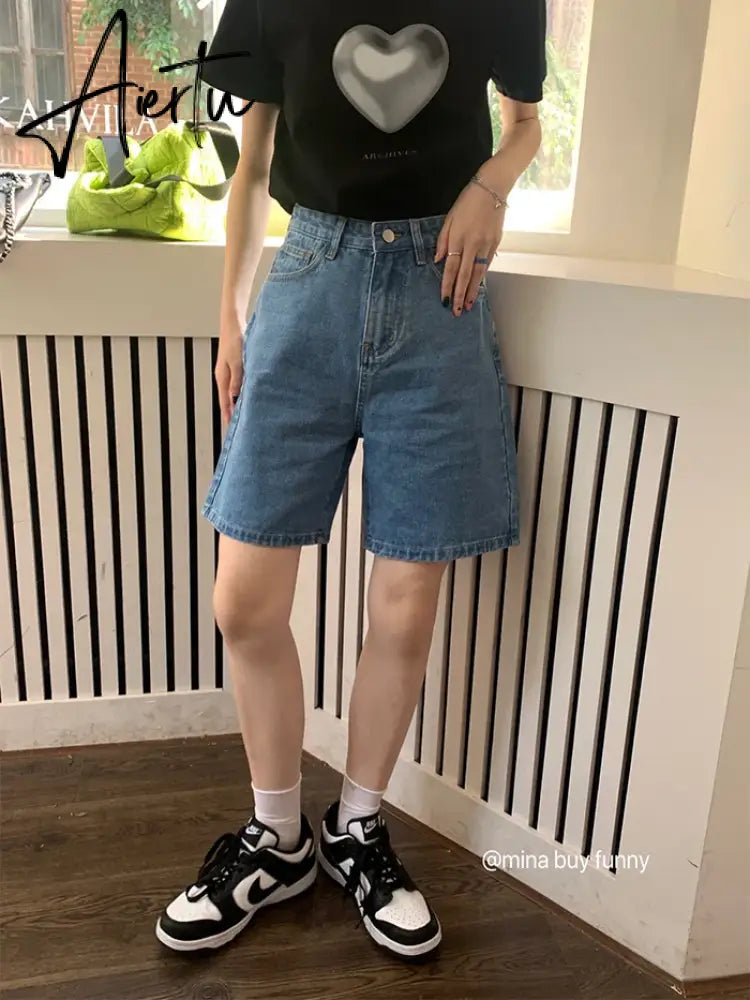 Blue Woman's Jean Shorts High Waist Summer Wide Leg Pants Baggy Chic Design Streetwear Embroidery Fashion Straight Denim Shorts Aiertu