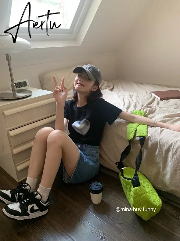 Blue Woman's Jean Shorts High Waist Summer Wide Leg Pants Baggy Chic Design Streetwear Embroidery Fashion Straight Denim Shorts Aiertu