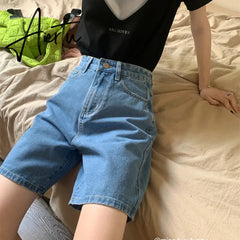 Blue Woman's Jean Shorts High Waist Summer Wide Leg Pants Baggy Chic Design Streetwear Embroidery Fashion Straight Denim Shorts Aiertu